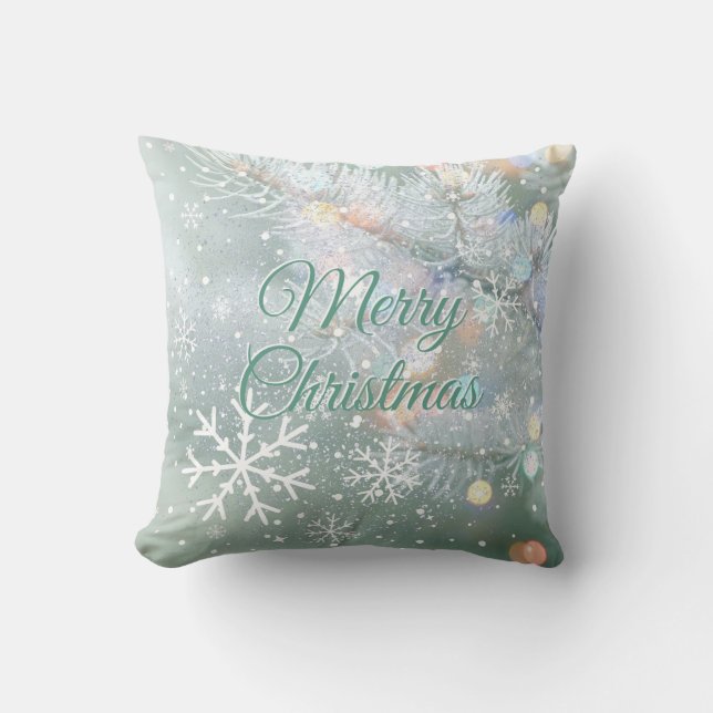 Green Merry Christmas Snowflakes  Cushion (Front)