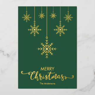 Green Merry Christmas Snowflakes Gold Foil Holiday Card