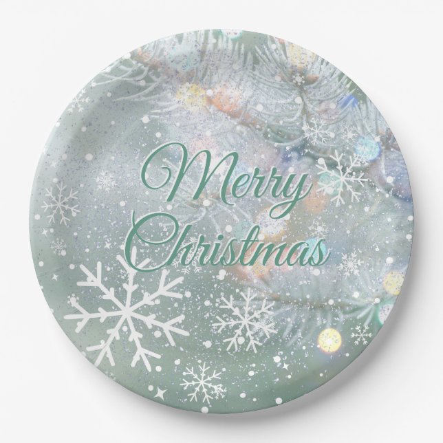 Green Merry Christmas Snowflakes  Paper Plate (Front)