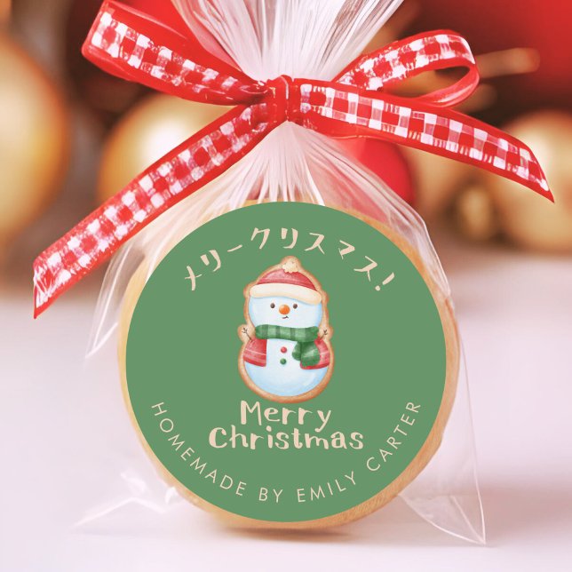 Green Merry Christmas Snowman Cookie Holiday Classic Round Sticker (Creator Uploaded)