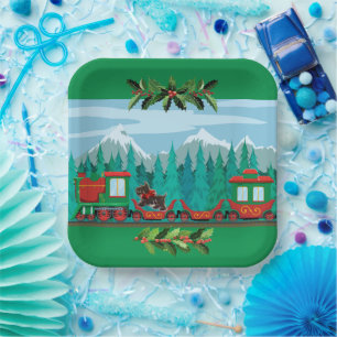 Green Merry Christmas Train Paper Plate