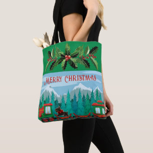 Green Merry Christmas Train Tote Bag