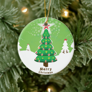 Green Merry Christmas Tree Ceramic Ornament