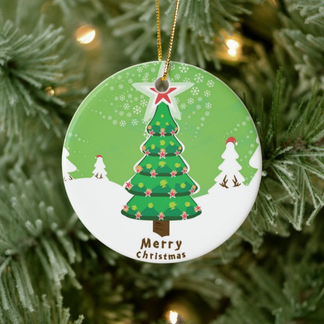 Green Merry Christmas Tree Ceramic Ornament (Tree)