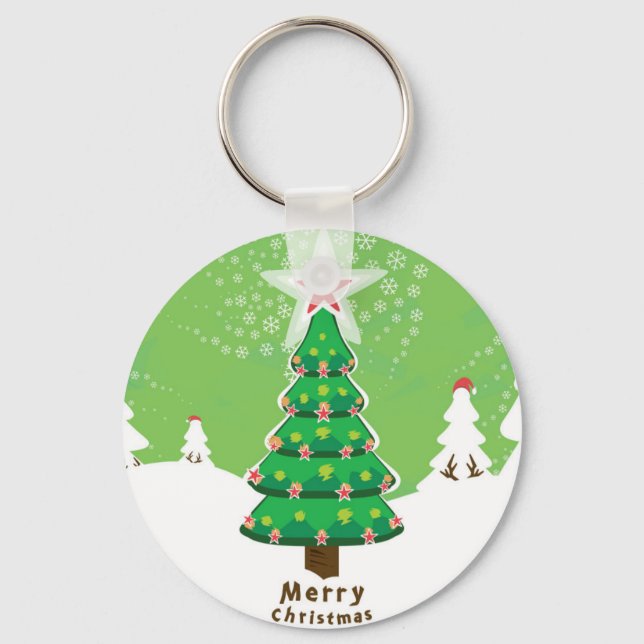 Green Merry Christmas Tree Key Ring (Front)