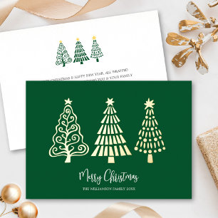 Green Merry Christmas Trees Script Name Real Gold Foil Holiday Card