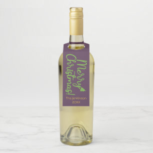 Green Merry Christmas Typography on Violet Bottle Tag