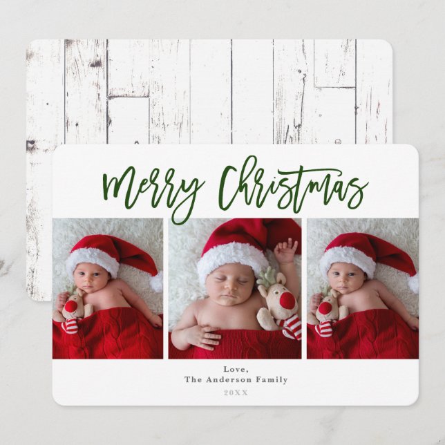 Green Merry Christmas White Wood Holiday Photo Invitation (Front/Back)