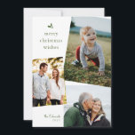 Green Merry Christmas Wishes Three Photo Card<br><div class="desc">This classic green and white Christmas card gets the modern treatment with a simple and festive holly graphic and three of your favourite photos in a chic,  overlapping layout. Add text or more photos to the cheerful red backer for a totally custom message of cheer.</div>