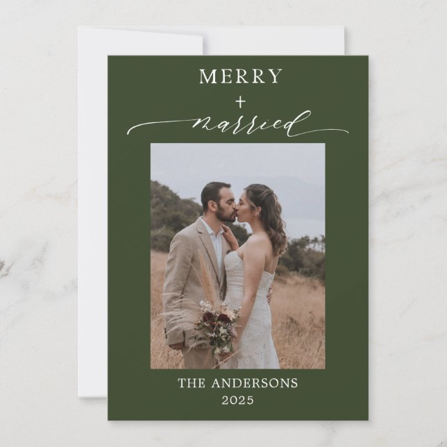 Green Merry Newlyweds 2 Photos Wedding Christmas Thank You Card (Front)
