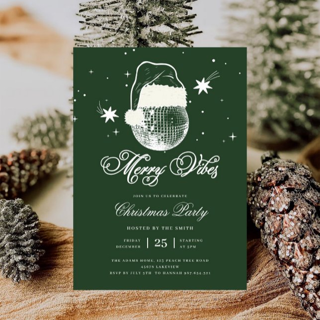 Green Merry Vibes Disco Ball Retro Christmas Party Invitation (Creator Uploaded)