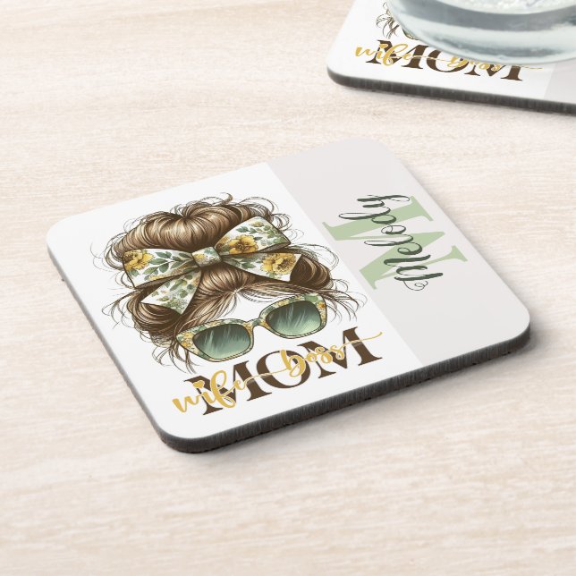 Green Messy Bun Mum Wife Boss Coaster (Left Side)