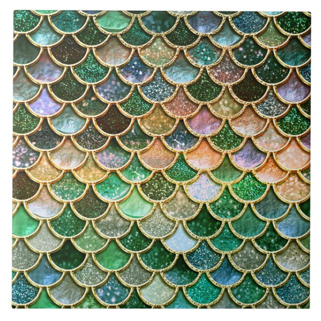 Green Metal Foil Glitter Gold Mermaid Scales Ceramic Tile (Front)