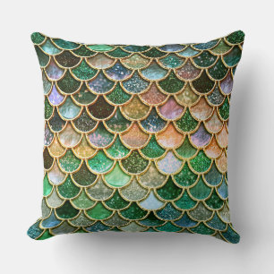 Green Metal Foil Glitter Gold Mermaid Scales Cushion