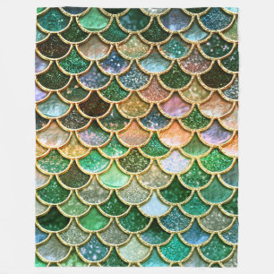 Green Metal Foil Glitter Gold Mermaid Scales Fleece Blanket