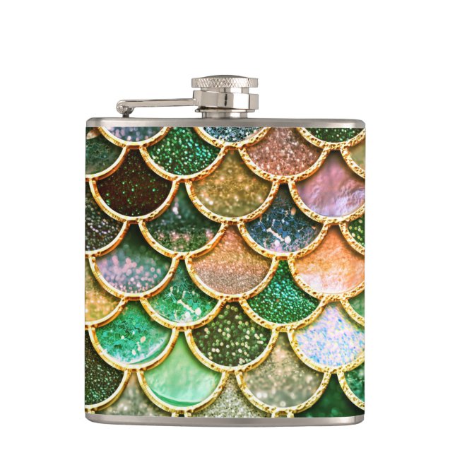 Green Metal Foil Glitter Gold Mermaid Scales Hip Flask (Front)