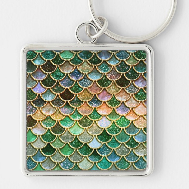 Green Metal Foil Glitter Gold Mermaid Scales Key Ring (Front)