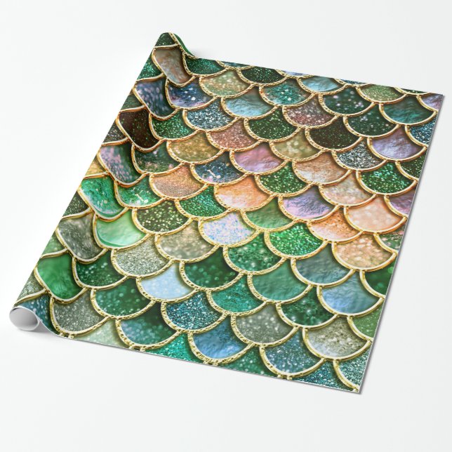 Green Metal Foil Glitter Gold Mermaid Scales Wrapping Paper (Unrolled)