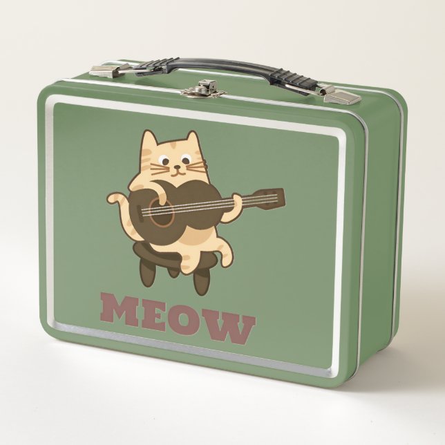 Green Metal Lunchbox – Cute Guitar Cat MEOW Design (Front)