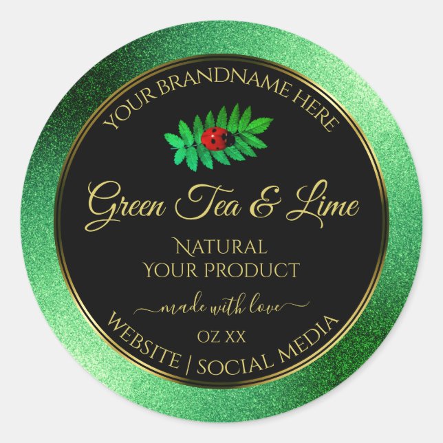 Green Metallic Glitter Black Product Label Ladybug (Front)