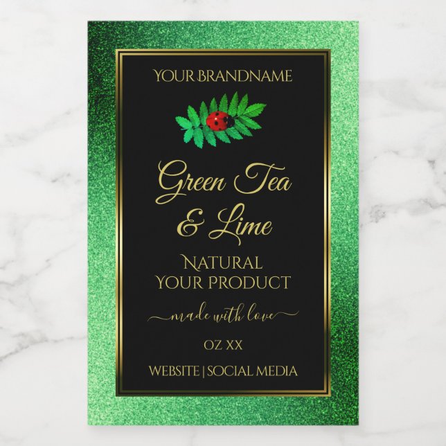Green Metallic Glitter Black Product Label Ladybug (Single Label)