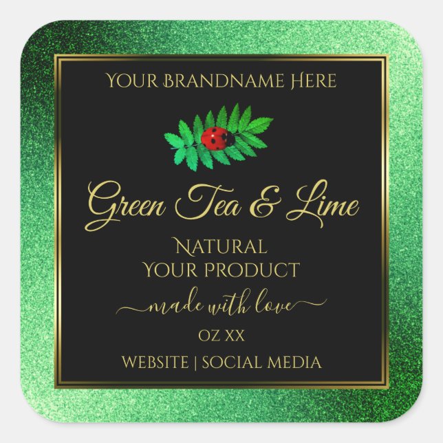 Green Metallic Glitter Black Product Label Ladybug (Front)