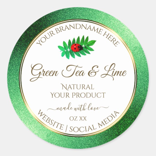 Green Metallic Glitter White Product Label Ladybug (Front)
