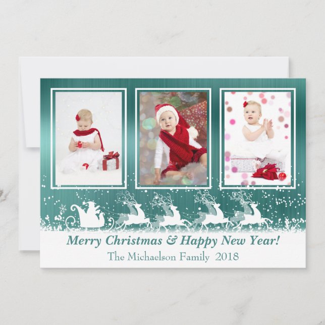 Green Metallic Sleigh Snow Photo Christmas Card (Front)