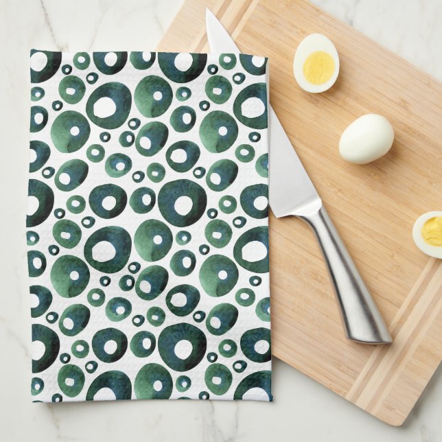 Green Mid Century Atomic Pattern Kitchen Tea Towel (Quarter Fold)