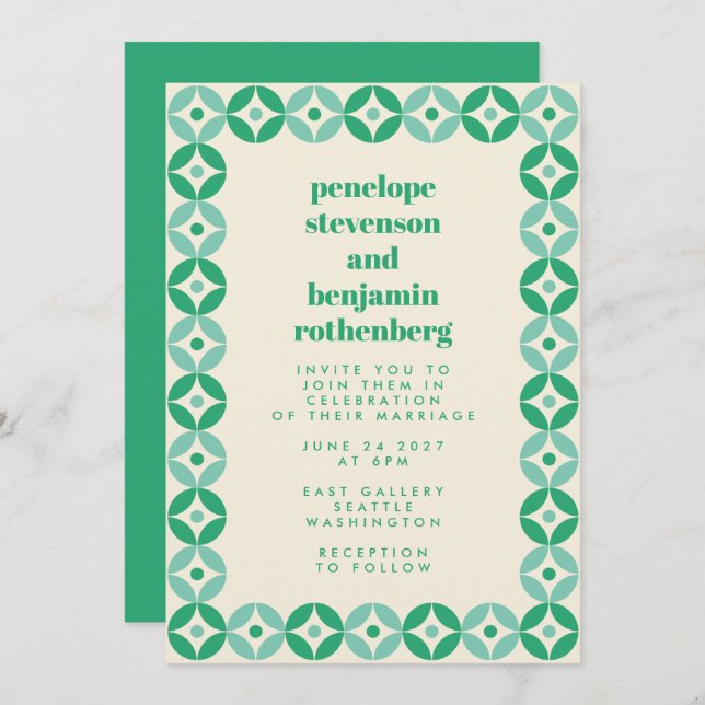 Green Mid Mod Geometric Pattern Chic Wedding Invitation (Front/Back)