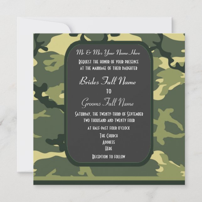 Green military camouflage wedding invitation (Front)