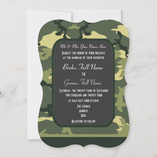 Green military camouflage wedding invitation (Front)