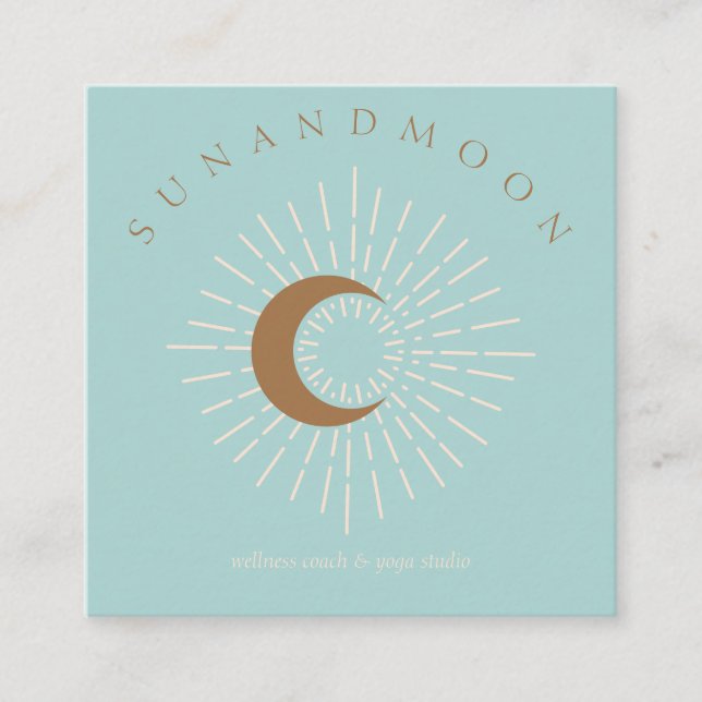 Green Minimal Modern Celestial Sun Moon Square Business Card (Front)