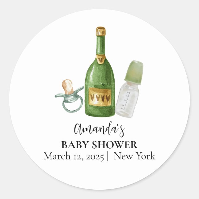 Green Minimal Poppin Champagne Bottles Baby Shower Classic Round Sticker (Front)