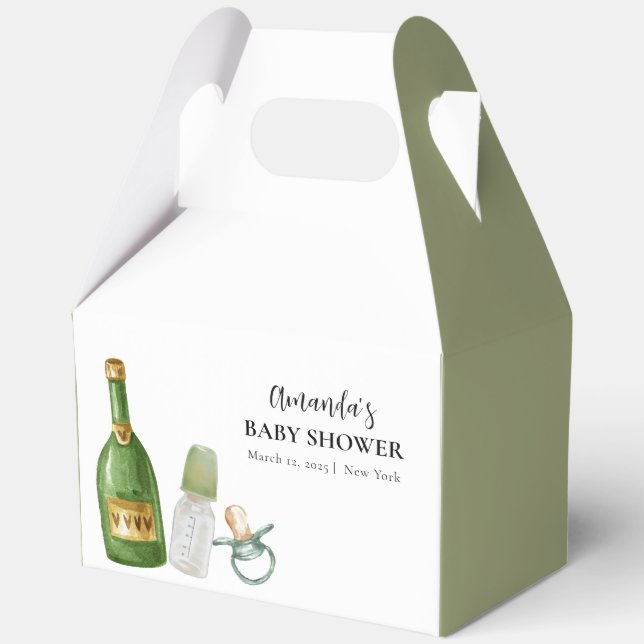 Green Minimal Poppin Champagne Bottles Baby Shower Favour Box (Front)