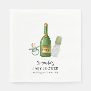 Green Minimal Poppin Champagne Bottles Baby Shower Napkin