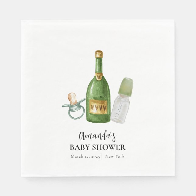 Green Minimal Poppin Champagne Bottles Baby Shower Napkin (Front)