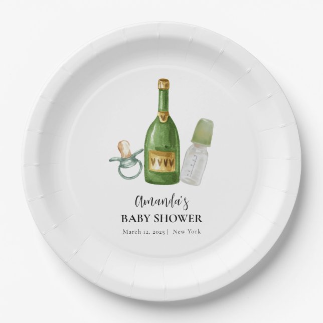 Green Minimal Poppin Champagne Bottles Baby Shower Paper Plate (Front)