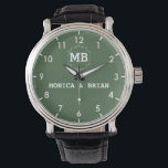 Green minimal simple Monogram Couple names Watch<br><div class="desc">Personalized watch with the names of the bride and groom or the couple in love. This watch can be customized by changing the text with the name of the loved one or the wedding date. It can be an ideal gift for newlyweds or for silver or golden wedding anniversaries. Monogram...</div>