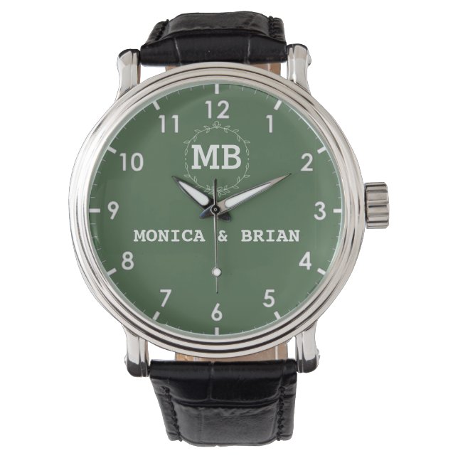 Green minimal simple Monogram Couple names Watch (Front)