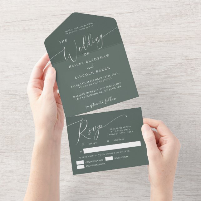 Green Minimal Wedding Elegant Script  All In One Invitation (Tearaway)
