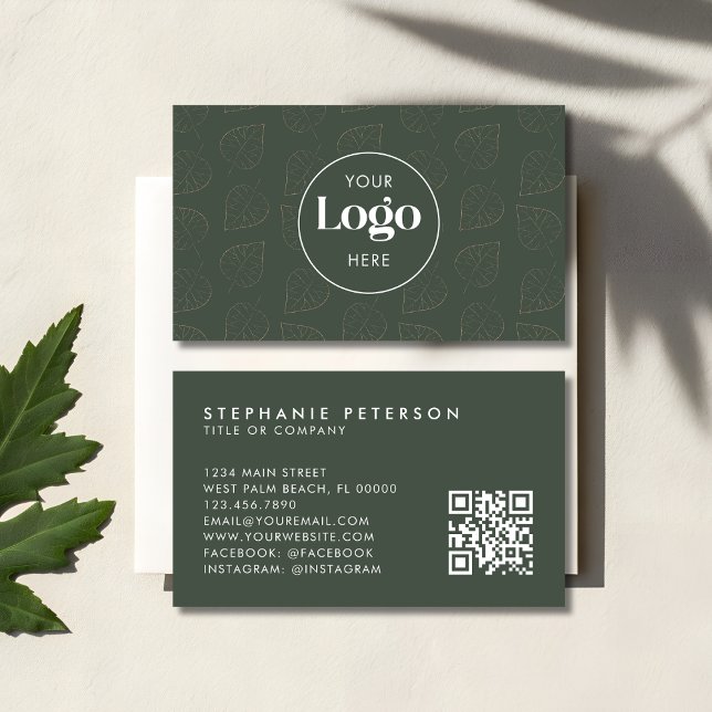 Green Minimalist Botanical Custom Logo QR Code Business Card (Creator Uploaded)