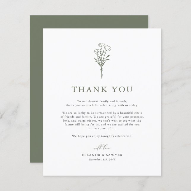 Green Minimalist Botanicals Wedding Thank You (Front/Back)