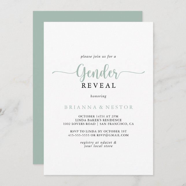 Green Minimalist Calligraphy Gender Reveal Party Invitation (Front/Back)
