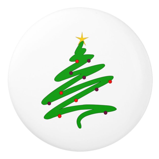 Green Minimalist Christmas Tree Doodle Ceramic Knob (Front)