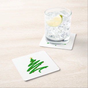 Green Minimalist Christmas Tree Doodle Square Paper Coaster