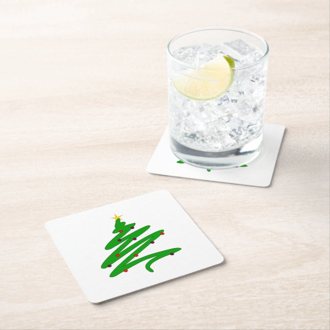 Green Minimalist Christmas Tree Doodle Square Paper Coaster (Insitu)