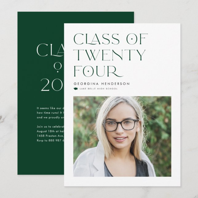Green Minimalist Class of 2024 Photo Graduation Announcement (Front/Back)