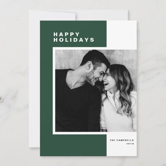 Green Minimalist Colour Block Happy Holidays Photo Holiday Card (Front)