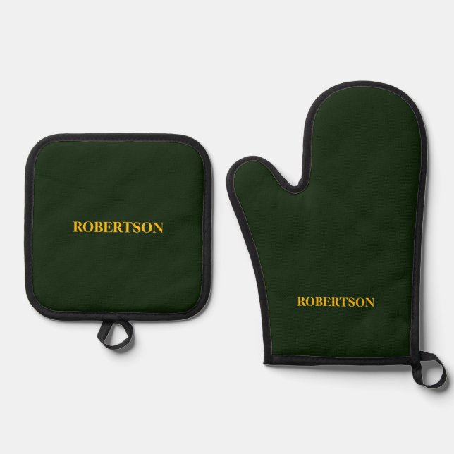 Green minimalist custom name  oven mitt & pot holder set (Front)